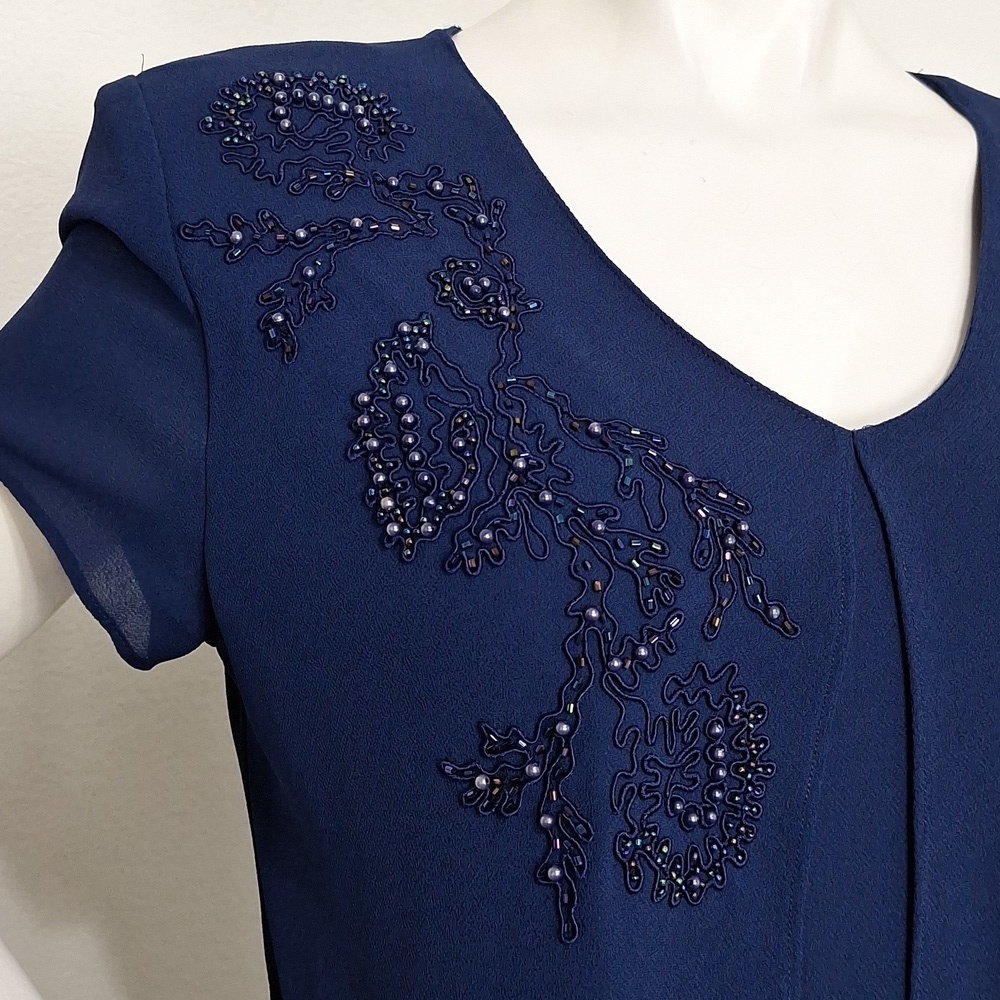 Positive Attitude Vintage Navy Blue Embroidered Beaded Fairy Maxi Dress Size 10 - Picture 4 of 12